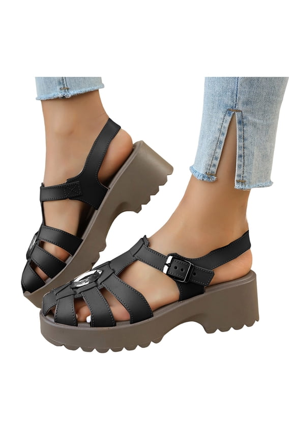 Gladiator Fisherman Sandals for Women Platform Lug Sole Hollow out Beach Shoes Closed Toe Glitter Rhinestone Buckle Ankle Strap Summer Dress Shoes Black Size 7