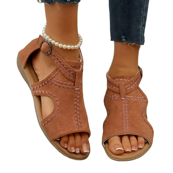 Gladiator Flat Sandals for Women 2025 Vintage Suede Peep Open Toe Wedge Low Heel Beach Casual Sandals