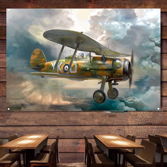 Gladiator Mk.I Fighter Jet Banner Wall Art -  Aviation Military Artwork with Attack Aircraft Poster Wall Charts - Print Art Flag Tapestry For Room Bar Garage Man Cave Decor 38" x 57"