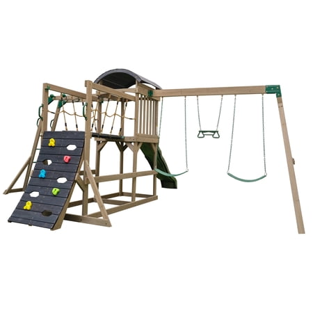Gladiator Quest Wooden Swing Set / Playset with Rock Wall, Bridge and Slide