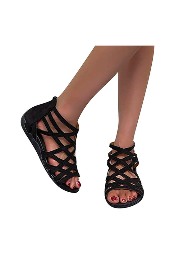 Gladiator Sandals for Women Flat Sandal Summer Casual Open Toe Strappy Wide Width Sandals Zip Up Metal Buckle Sandal