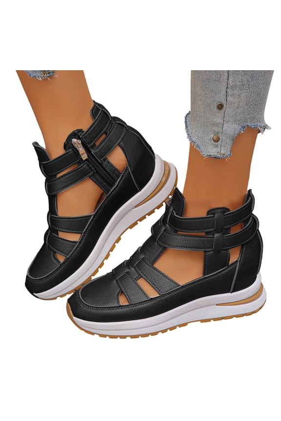 Gladiator Sandals for Women Hollow out Summer Ankle Boots with Side Zipper Hidden Wedge Platform Sneakers Nonslip Tennis Shoes Black Size 8.5
