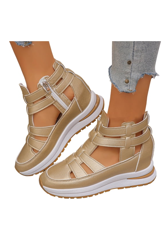 Gladiator Sandals for Women Hollow out Summer Ankle Boots with Side Zipper Hidden Wedge Platform Sneakers Nonslip Tennis Shoes Gold Size 10.5