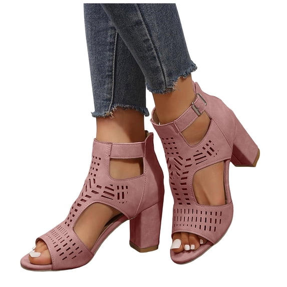 Gladiator Sandals for Women Open Toe High Block Heeled Summer Booties Breathable Cutout Ankle Strap Back Zipper Ankle Boots Pink Size 8