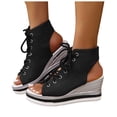 thumbnail image 1 of Gladiator Sandals for Women Open Toe Lace up Platform Wedges Heels Summer Dressy Leopard Print Ankle Strap Pumps Black Size 10.5, 1 of 6