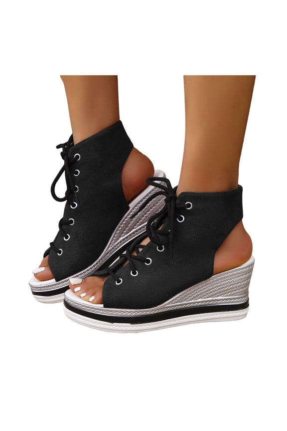 Gladiator Sandals for Women Open Toe Lace up Platform Wedges Heels Summer Dressy Leopard Print Ankle Strap Pumps Black Size 6.5