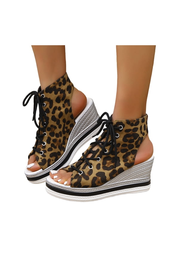 Gladiator Sandals for Women Open Toe Lace up Platform Wedges Heels Summer Dressy Leopard Print Ankle Strap Pumps Coffee Size 8.5