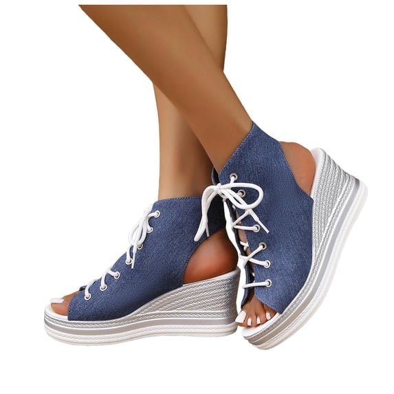 Gladiator Sandals for Women Open Toe Lace up Platform Wedges Heels Summer Dressy Leopard Print Ankle Strap Pumps Light Blue Size 7