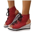 thumbnail image 1 of Gladiator Sandals for Women Open Toe Lace up Platform Wedges Heels Summer Dressy Leopard Print Ankle Strap Pumps Red Size 9.5, 1 of 7