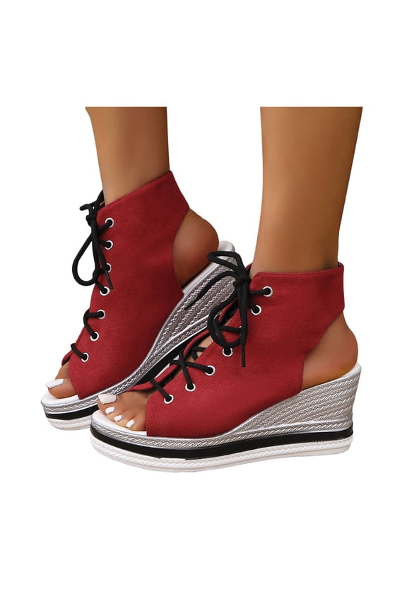 Gladiator Sandals for Women Open Toe Lace up Platform Wedges Heels Summer Dressy Leopard Print Ankle Strap Pumps Red Size 9