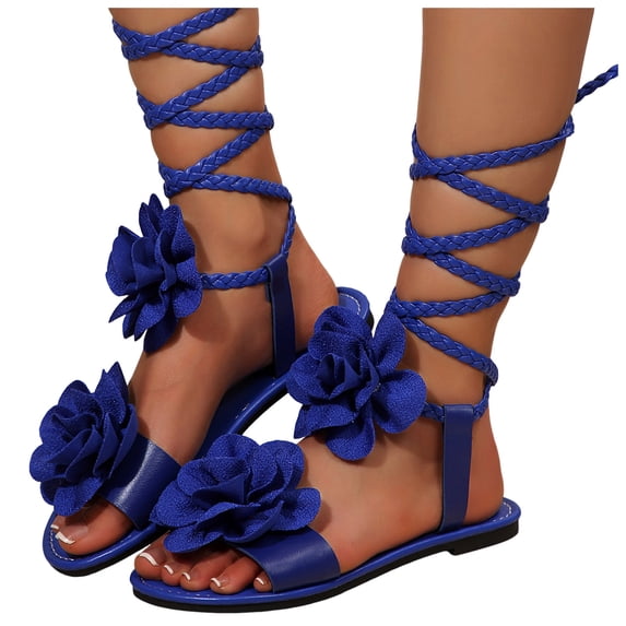 Gladiator Sandals for Women Solid Color Flower Strappy Lace up Open Toe Flat Shoes Summer Beach Vacation Casual Footwear Blue Size 10.5