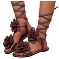 thumbnail image 1 of Gladiator Sandals for Women Solid Color Flower Strappy Lace up Open Toe Flat Shoes Summer Beach Vacation Casual Footwear Brown Size 6.5, 1 of 7