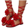 thumbnail image 1 of Gladiator Sandals for Women Solid Color Flower Strappy Lace up Open Toe Flat Shoes Summer Beach Vacation Casual Footwear Red Size 10.5, 1 of 7