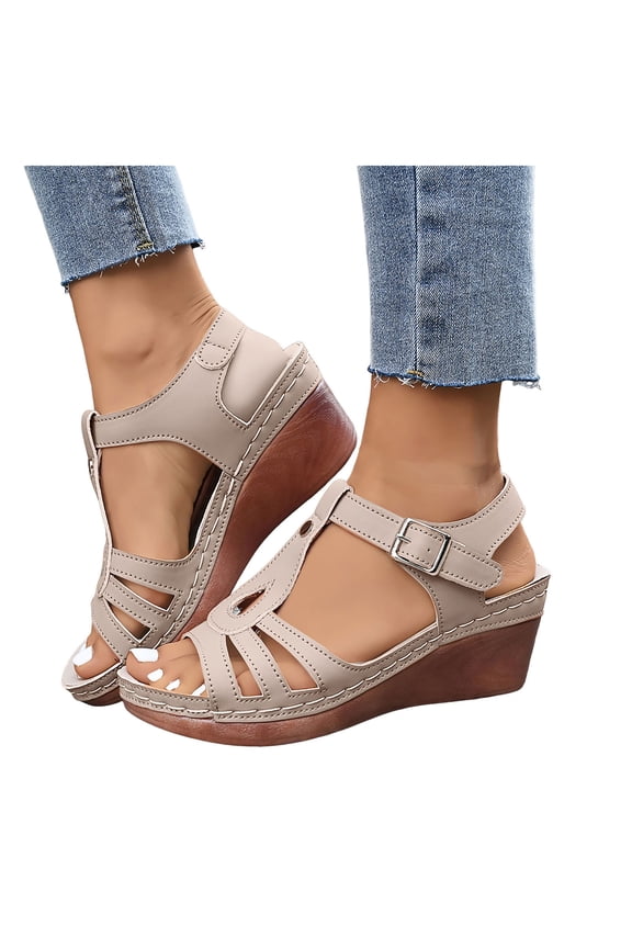 Gladiator Wedge Sandals for Women Open Toe T-Strap Slingback Heels Breathable Footbed Arch Support Summer Beach Shoes Beige Size 8.5