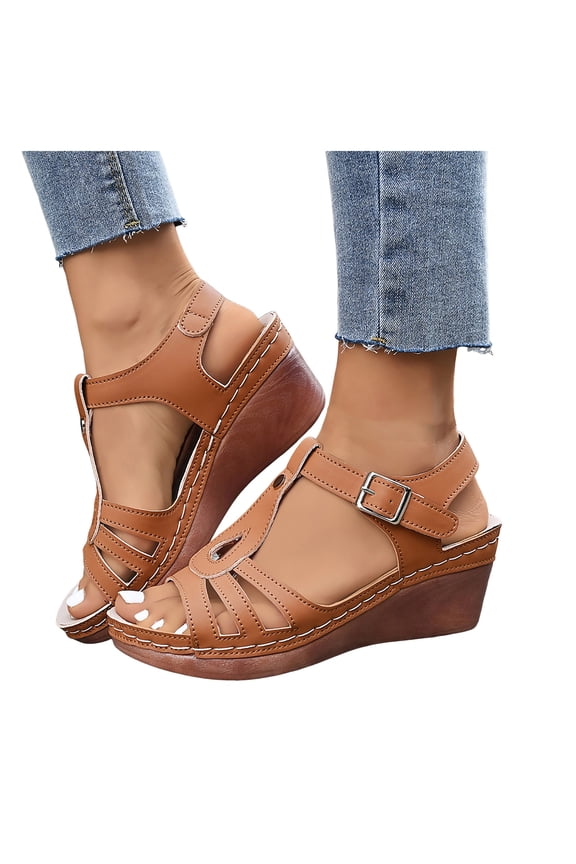 Gladiator Wedge Sandals for Women Open Toe T-Strap Slingback Heels Breathable Footbed Arch Support Summer Beach Shoes Brown Size 7