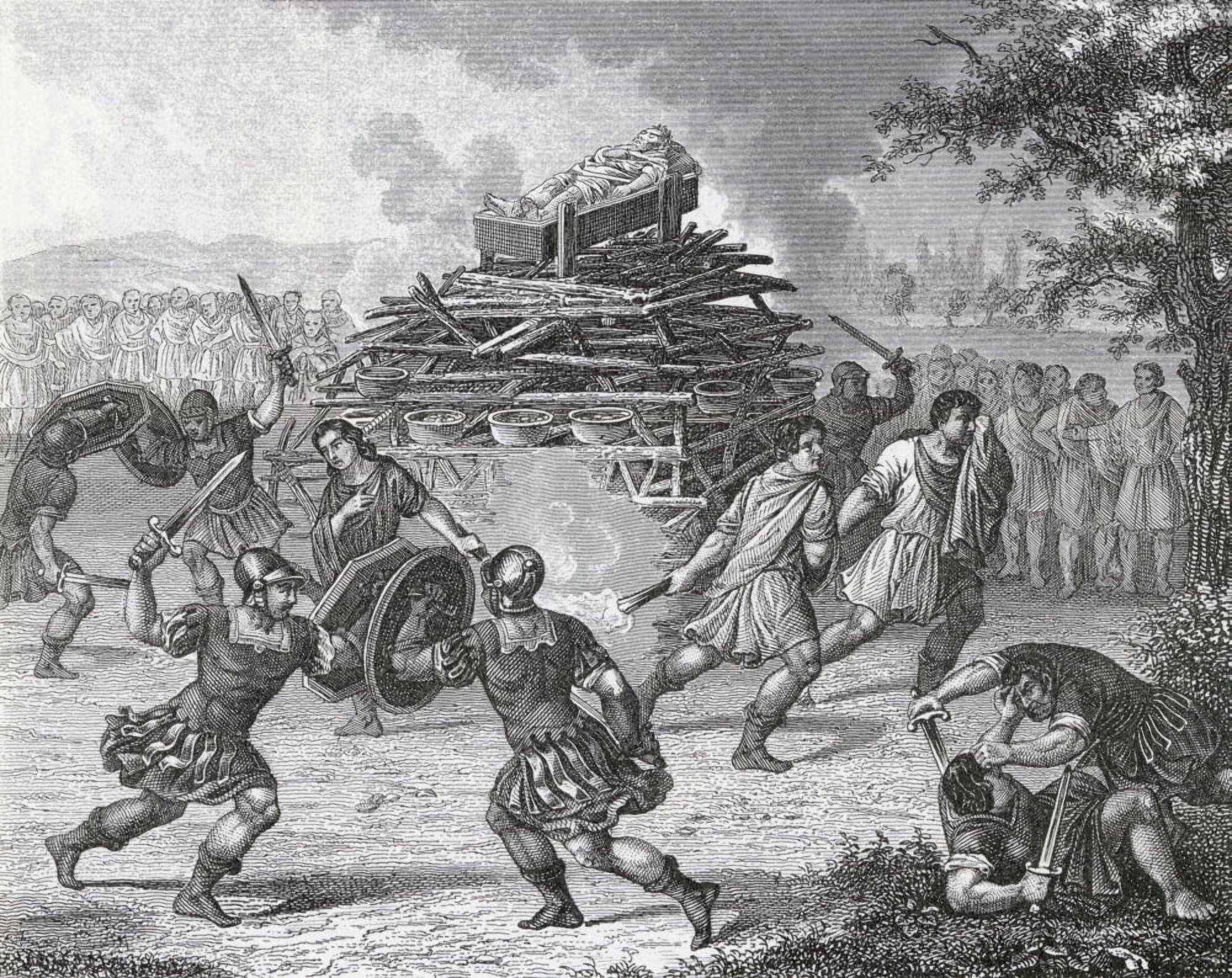 Gladiators Fighting During Funeral Games In Ancient Rome From A 19Th Century Engraving Canvas Art - Ken Welsh Design Pics (32 x 26)