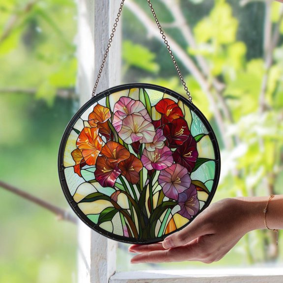 Gladiolus August Birth Month Suncatcher, Floral Glass Art Decor, 3.5 in