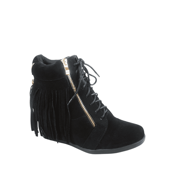 Glady-23 Women's Casual Fringe Ankle Booties Lace up Low Wedge Shoes ( Black, 7.5)