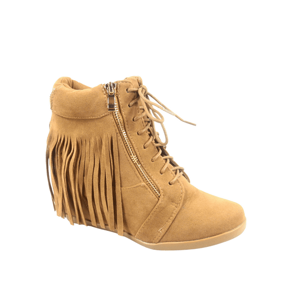 Glady-23 Women's Casual Fringe Ankle Booties Lace up Low Wedge Shoes ( Tan, 8.5 )