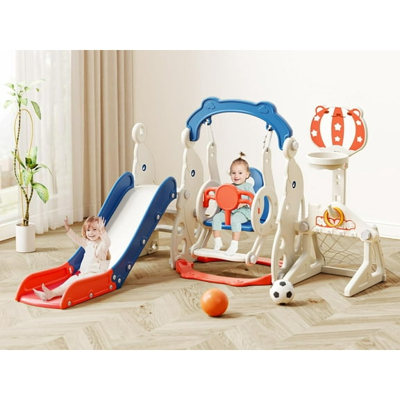 Glaf 6 in 1 Toddler Slide and Swing Set Kids Slide for Toddlers 1-3 Outdoor Playset Indoor Playground Baby Climber Toys with Basketball Hoop (Blue with Goal)