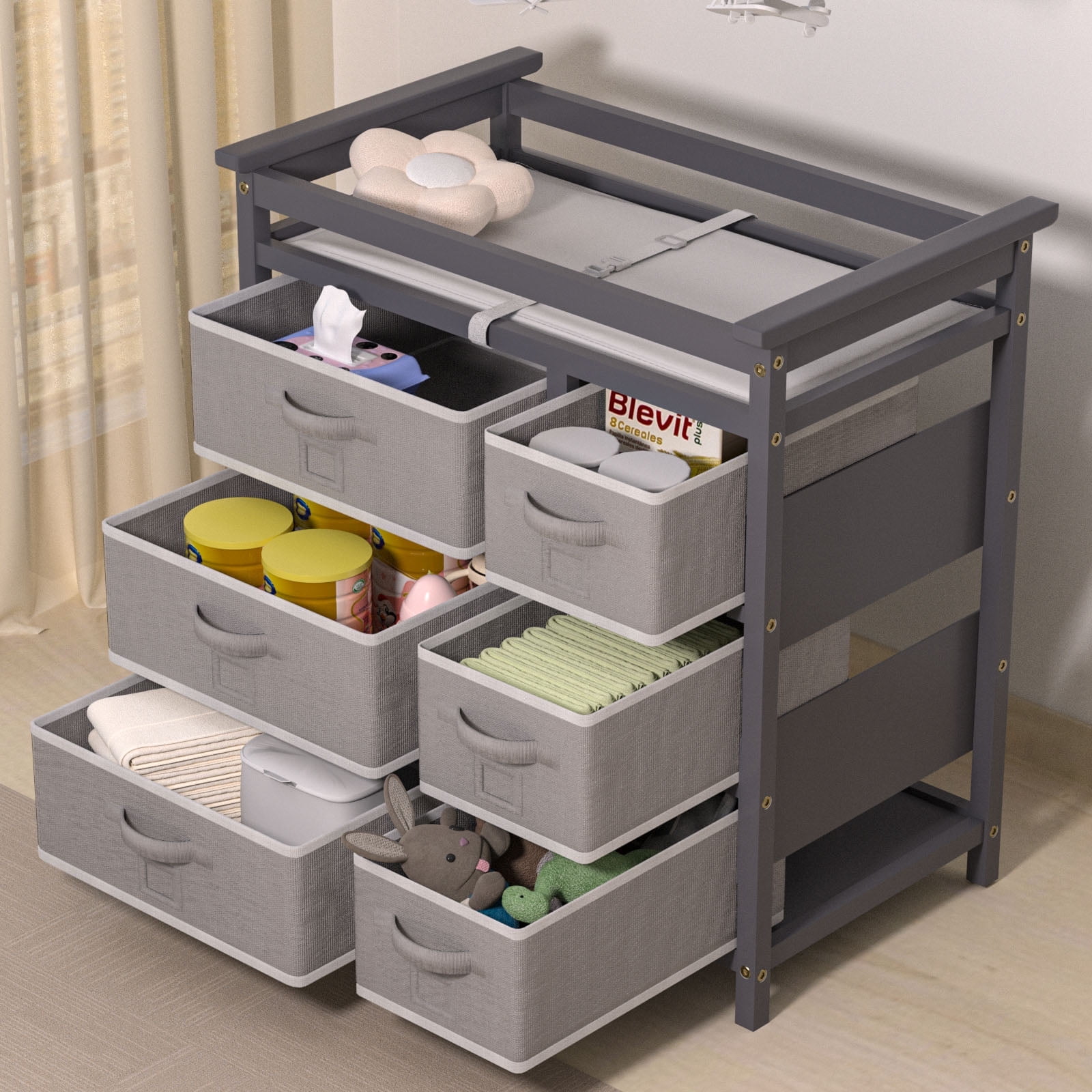 Glaf Baby Changing Table Dresser with 6 Storage Drawers and Pad, Diaper Changing Station Multifunctional Nursery Changing Table for Newborn Baby and Infant