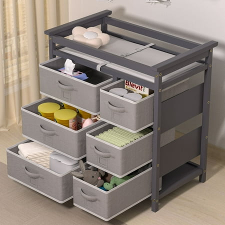 Glaf Baby Changing Table Dresser with 6 Storage Drawers and Pad, Diaper Changing Station Multifunctional Nursery Changing Table for Newborn Baby and Infant