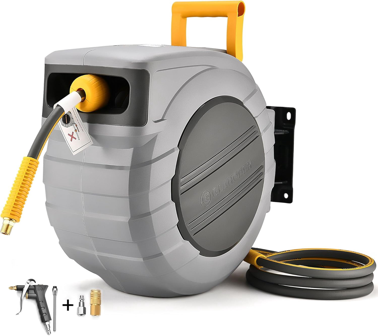 Glahoden Retractable Air Hose Reel, 3/8 in 100ft Hybrid Hose Air Compressor Hose Reel with 6 ft Lead in Max 300 psi 180°Swivel Bracket Quick Coupler