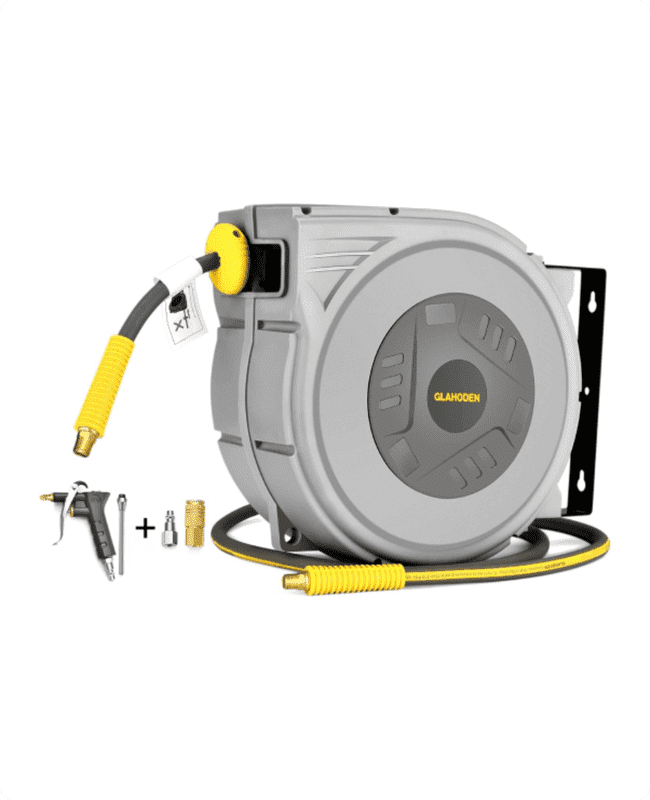 Glahoden Retractable Air Hose Reel, 3/8 in 80 ft Hybrid Hose Air Compressor Hose Reel with 6 ft Lead in Max 300 psi 180°Swivel Bracket Quick Coupler