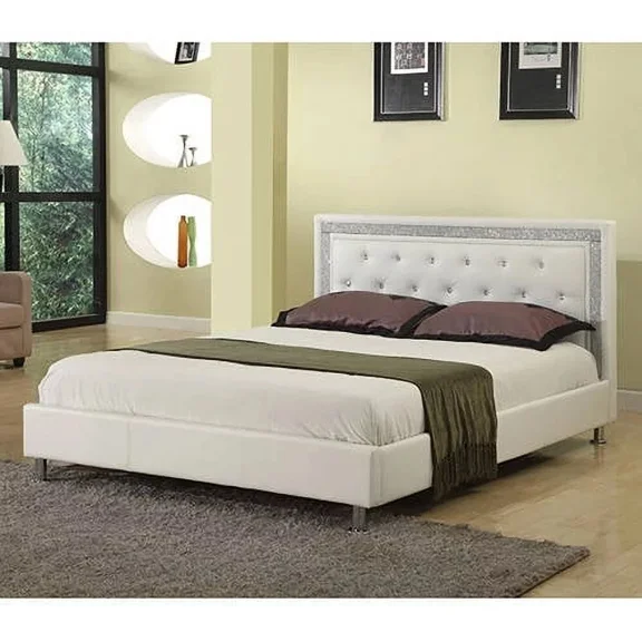 Glam 1Pc Queen Size Faux Leather Platform Bed, Rhinestone Crystal Tufted Headboard, White
