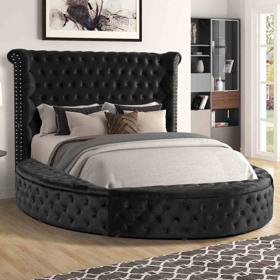 Glam 1pc Queen Size Bed Round Storage Black Velvet Like Acrylic Button-Tufted Wingback Design Bedroom Furniture