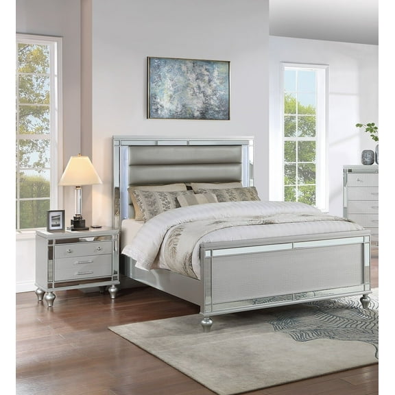 Glam 3pc Eastern King Size LED Panel Bed Set Silver Faux Leather 2x Nightstands Master Bedroom Furniture