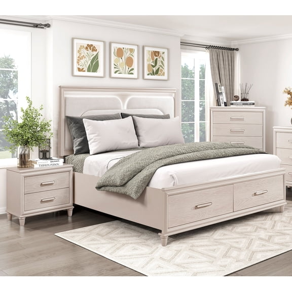 Glam 3pc Set King LED Platform Bed Chest Nighstand Bedroom Furniture