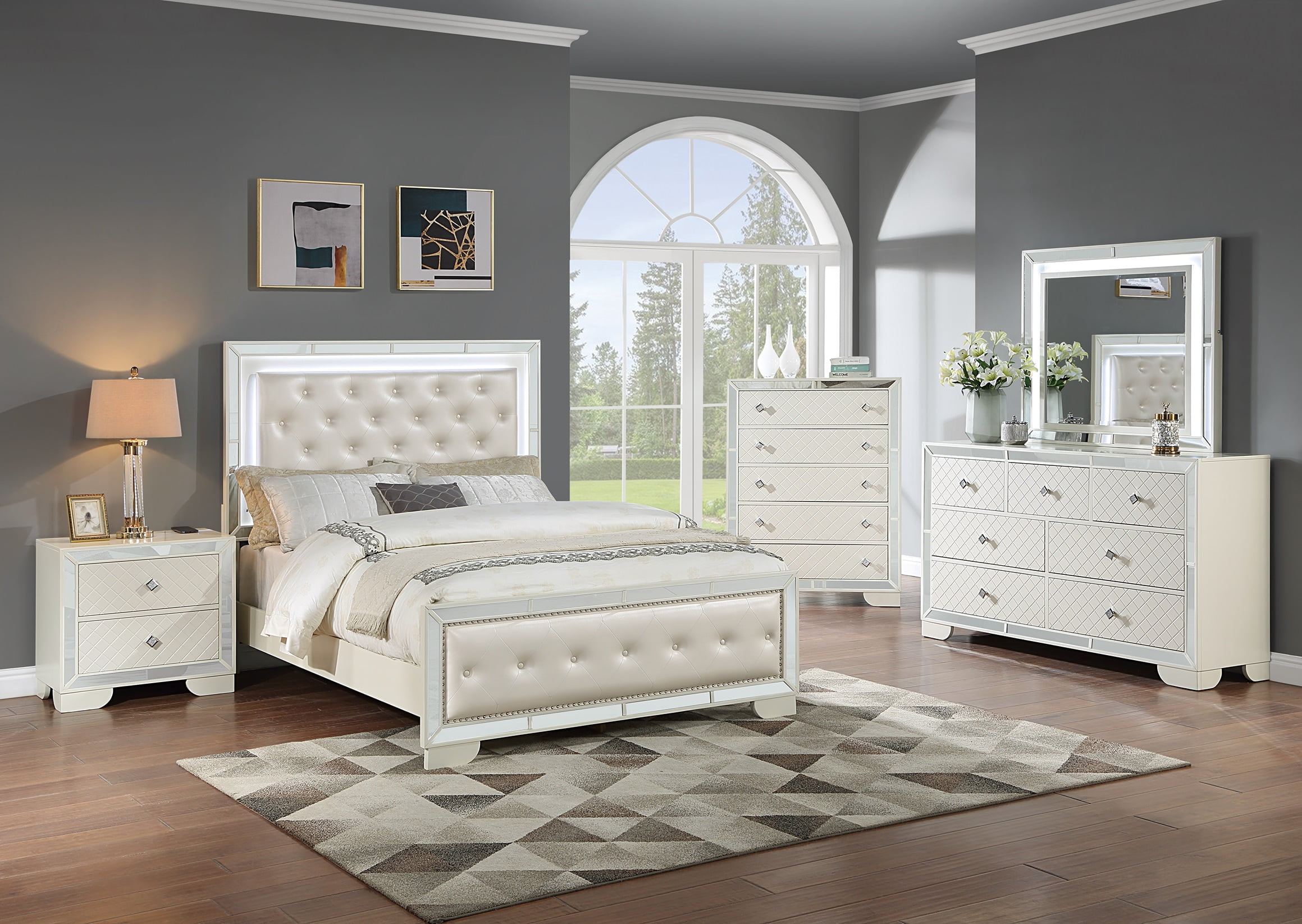 Glam 4pc Queen Size LED Panel Bed Set Cream Faux Leather Nightstand Dresser  Master Bedroom Furniture - Walmart.com, image size:2319x1646