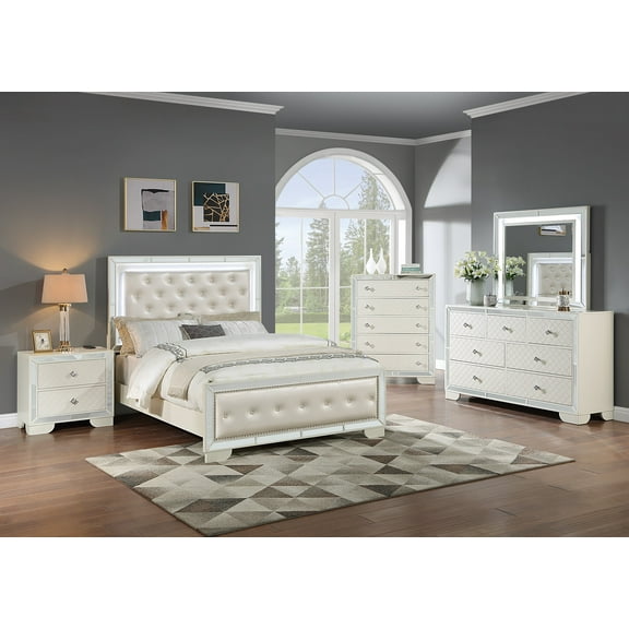 Glam 4pc Queen Size LED Panel Bed Set Cream Faux Leather Nightstand Dresser Master Bedroom Furniture