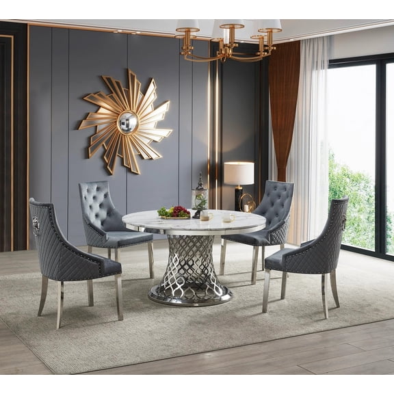 Glam 5pc Round Dining Set White Marble Table Upholstered Chairs Gray Velvet