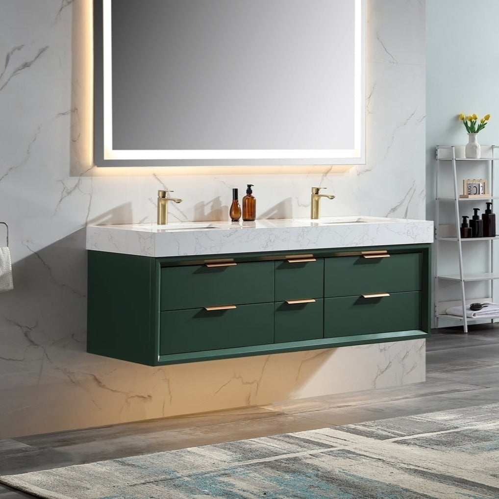 Glam 60" Modern Floating Rubberwood Bathroom Vanity with Lights