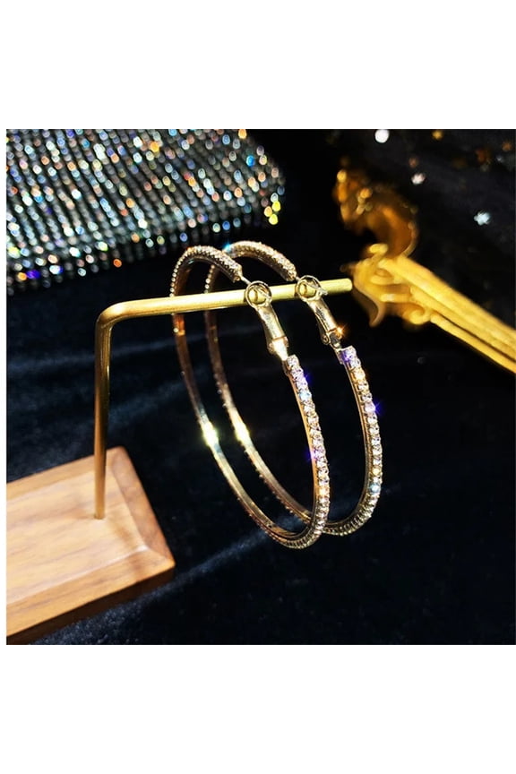 Glam 60 mm Big Circle Golden Crystal Lined Wide Hoop Earrings for Women Party wear Fashion Jewelry