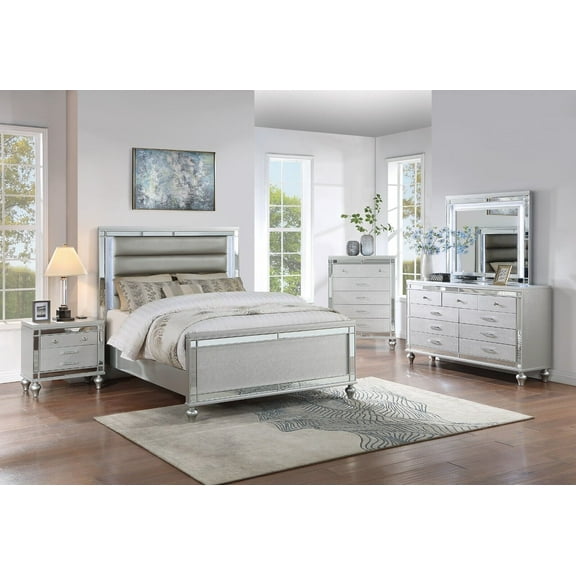Glam 6pc Queen Size LED Panel Bed Set Silver Faux Leather Dresser Chest Master Bedroom Furniture