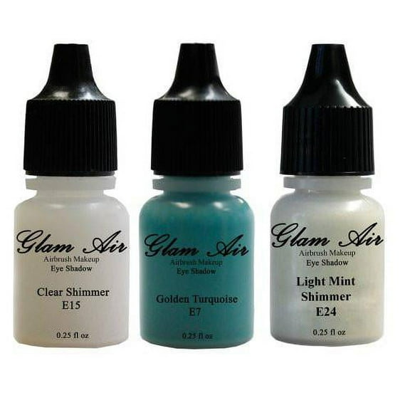 Glam Air Set of Three (3) Airbrush Eye Shadow s- Clear Shimmer, Golden Turquoise & Light Mint Shimmer Airbrush Water-based 0.25 Fl. Oz. Bottles of Eyeshadow(E7,E15,E24)