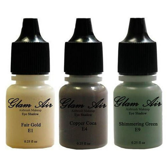 Glam Air Set of Three (3) s-E1 Fair Gold E4Copper Cocoa, & E9shimmery Green, Airbrush Water-based 0.25 Fl. Oz. Bottles of Eyeshadow Shimmery Green, Copper Cocoa, Fair Gold