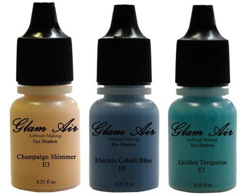 Glam Air Set of Three (3) s-E3Champaign Shimmer, E6Electric Cobalt Blue,&amp; E7Golden Turquoise   Airbrush Water-based 0.25 Fl. Oz. Bottles of Eyeshadow
