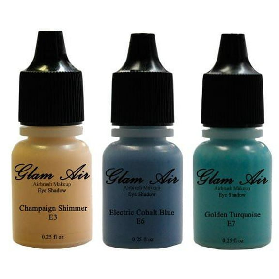 Glam Air Set of Three (3) s-E3Champaign Shimmer, E6Electric Cobalt Blue,&amp; E7Golden Turquoise   Airbrush Water-based 0.25 Fl. Oz. Bottles of Eyeshadow