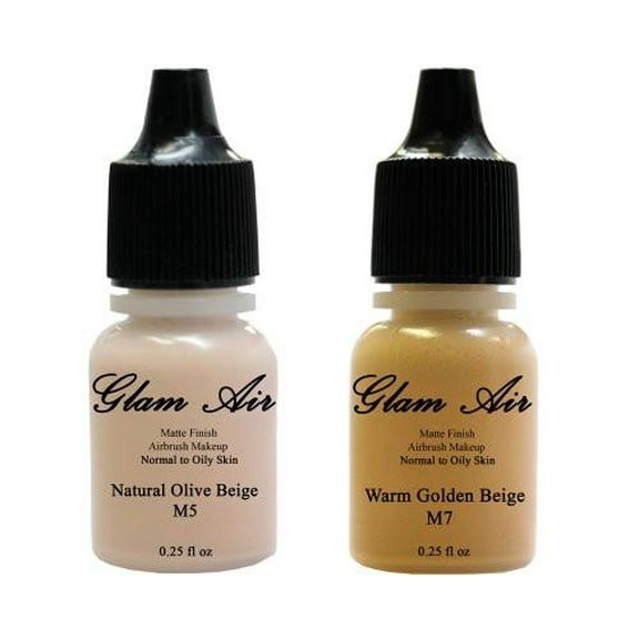 Glam Air Water-Based Makeup Foundation Matte M5 Natural Olive Beige and M7 Warm Golden Beige Makeup Lasting All Day 0.25 Oz, Set Of 2 Bottles
