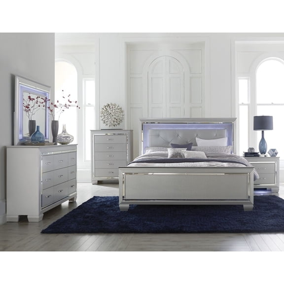 Glam Bedroom Set 5pc Queen LED Bed Nightstand Mirror Dresser Chest Set Silver Gray Bedroom Furniture