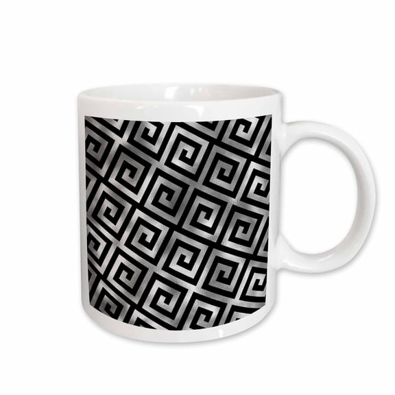 3drose, Glam Black and Image of Silver Greek Key Geometric Pattern, 15oz Mug