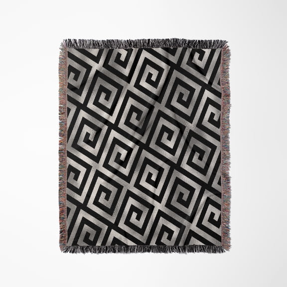Glam Black And Image Of Silver Greek Key Geometric Pattern, Woven Blanket