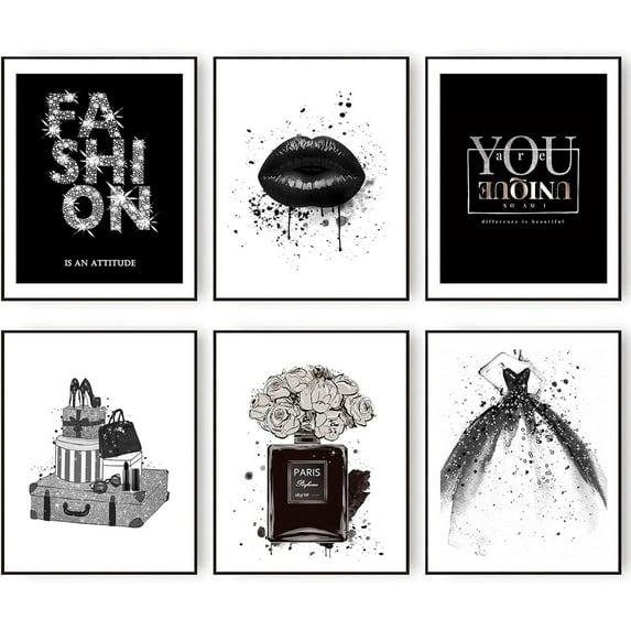 Glam Black Fashion Wall Art Prints Posters Set of 6 Girls Room Decor Silver Female Perfume Lipstick Makeup Pictures Modern Wall Prints for Women Bedroom Decor (UNFRAMED, 8" x 10"in)