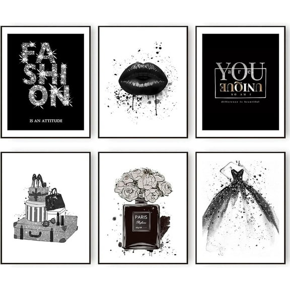 Glam Black Fashion Wall Art Prints Posters Set of 6 Girls Room Decor Silver Female Perfume Lipstick Makeup Pictures Modern Wall Prints for Women Bedroom Decor (UNFRAMED, 8" x 10"in)