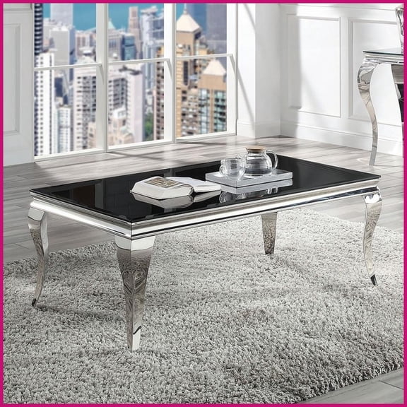 Glam Black Glass Top Coffee Table for Living Room - Silver Stainless Steel Cabriole Legs, Easy Clean