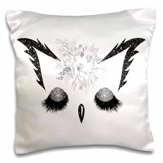 3dRose, Glam Black and Image Of Silver Floral Owl Face Illustration, 16x16 inch Pillow Case
